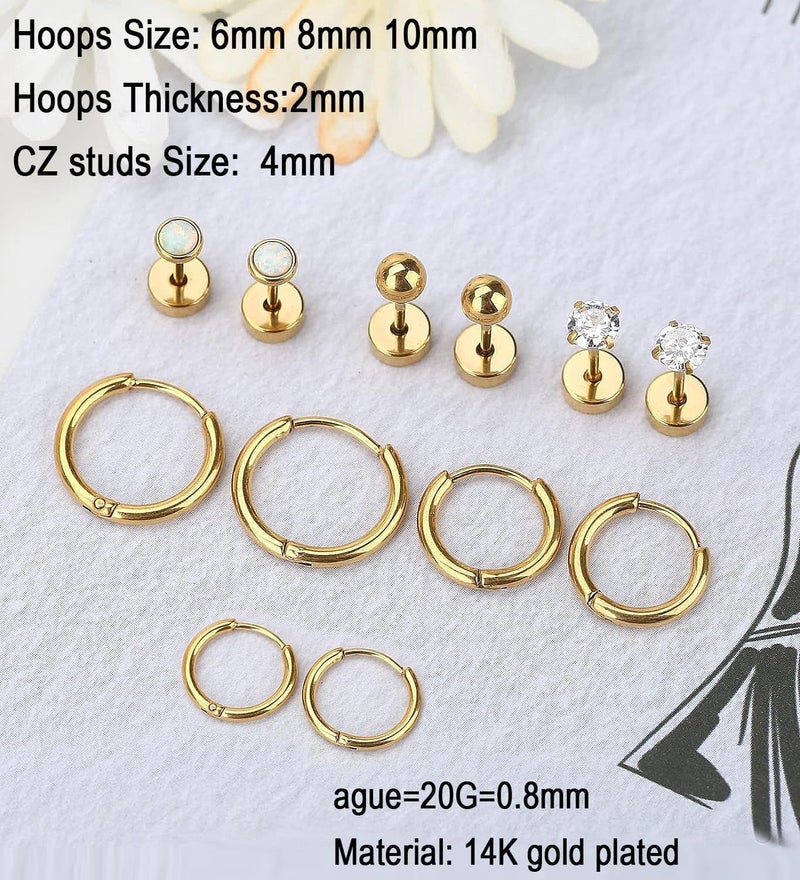 AMASIS Hypoallergenic Surgical Steel Earrings Sets for Sensitive Ears Lightweight Small Huggie Hoop Earrings 20G Stainless Steel Opal Ball Pearl CZ Flat Back Earrings for Women Men Trendy Cartilage Earrings Hoop Stud - Image 3